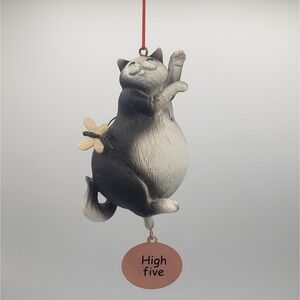 high five chonky happy‎ dancing tuxedo cat ornament black white with dragonfly